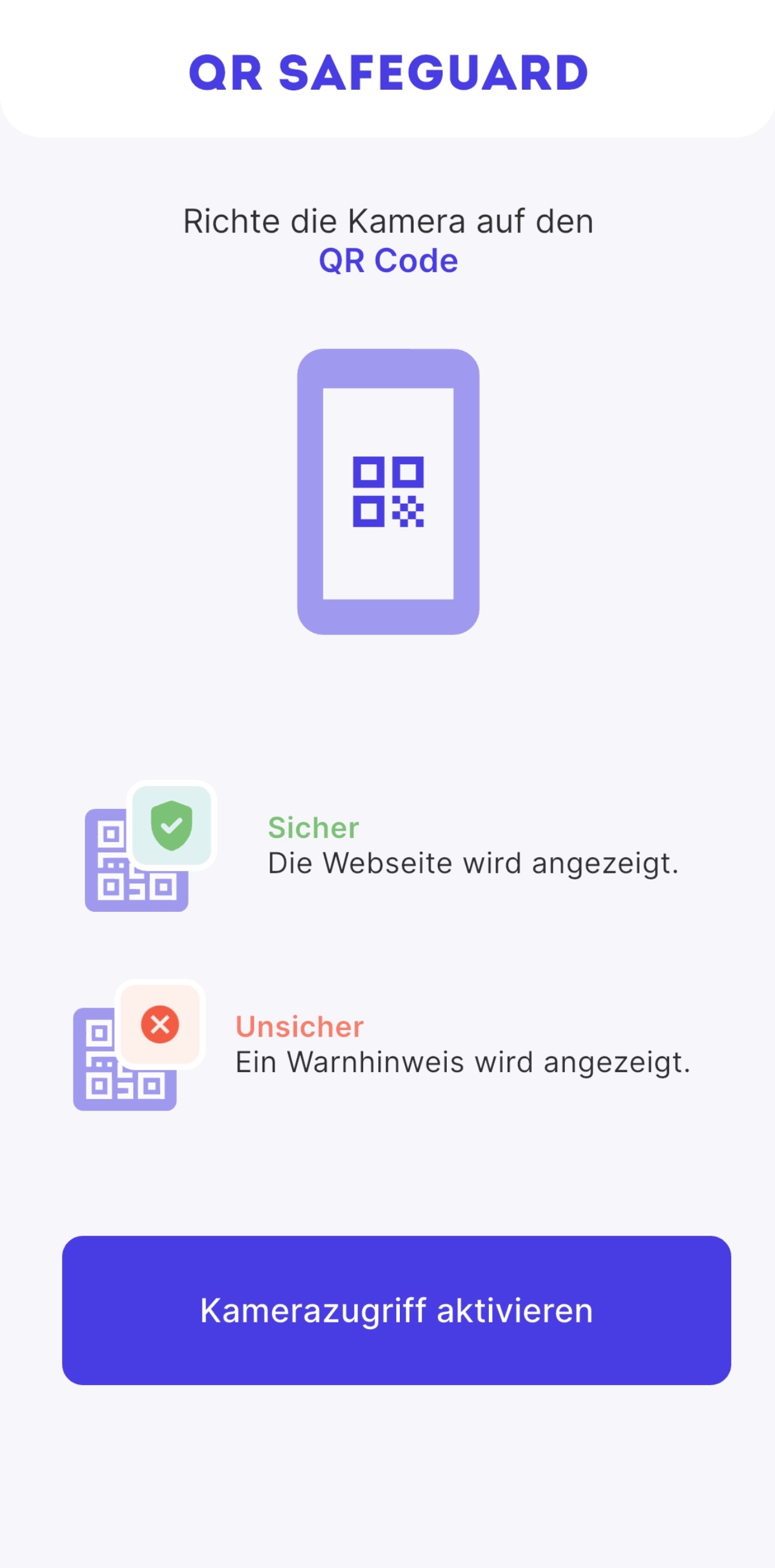 Der QR SafeGuard Einführungsbildschirm, der erklärt, wie sicheres Scannen funktioniert.