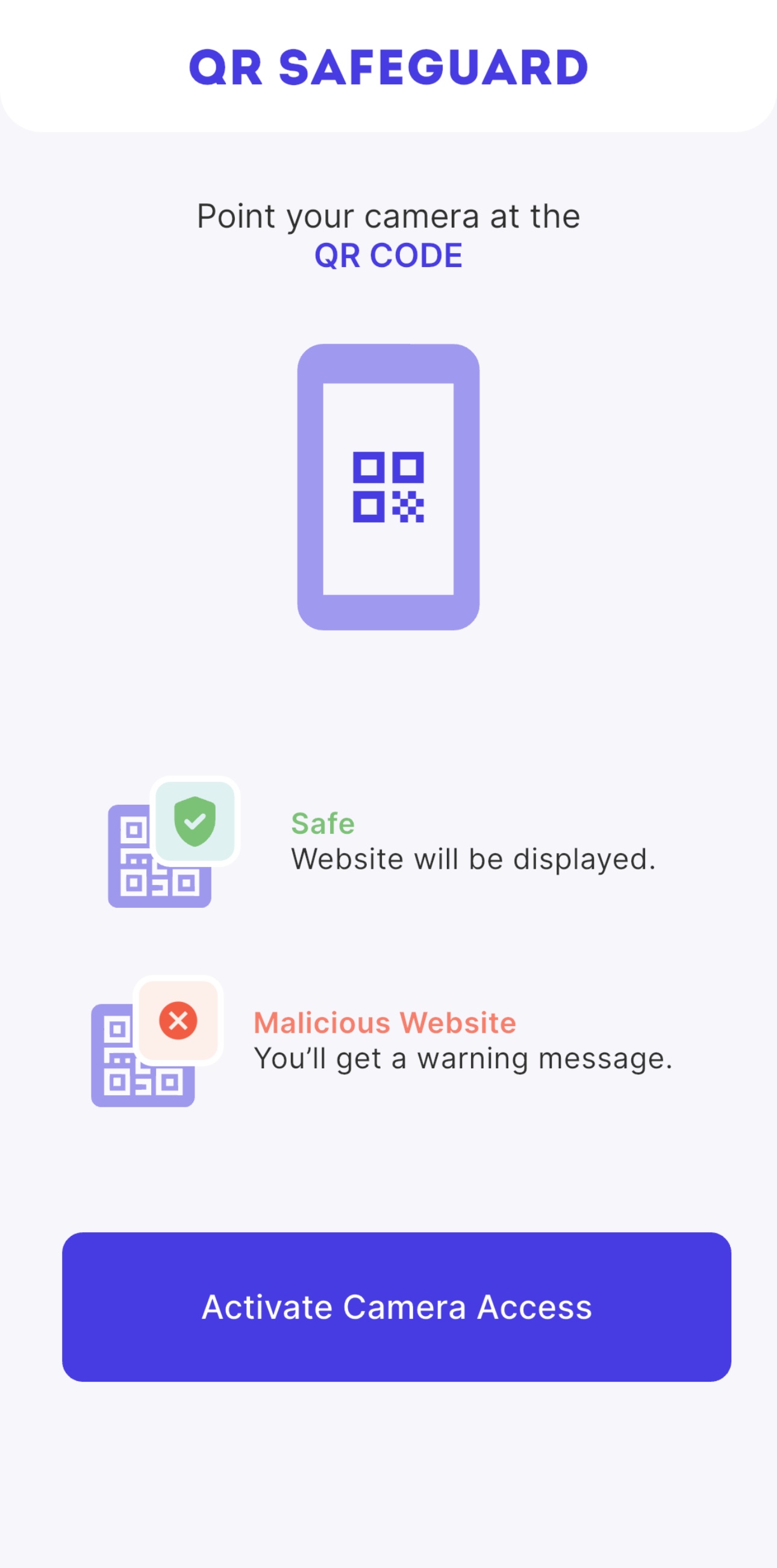 The QR SafeGuard onboarding screen to explain how secure scanning works