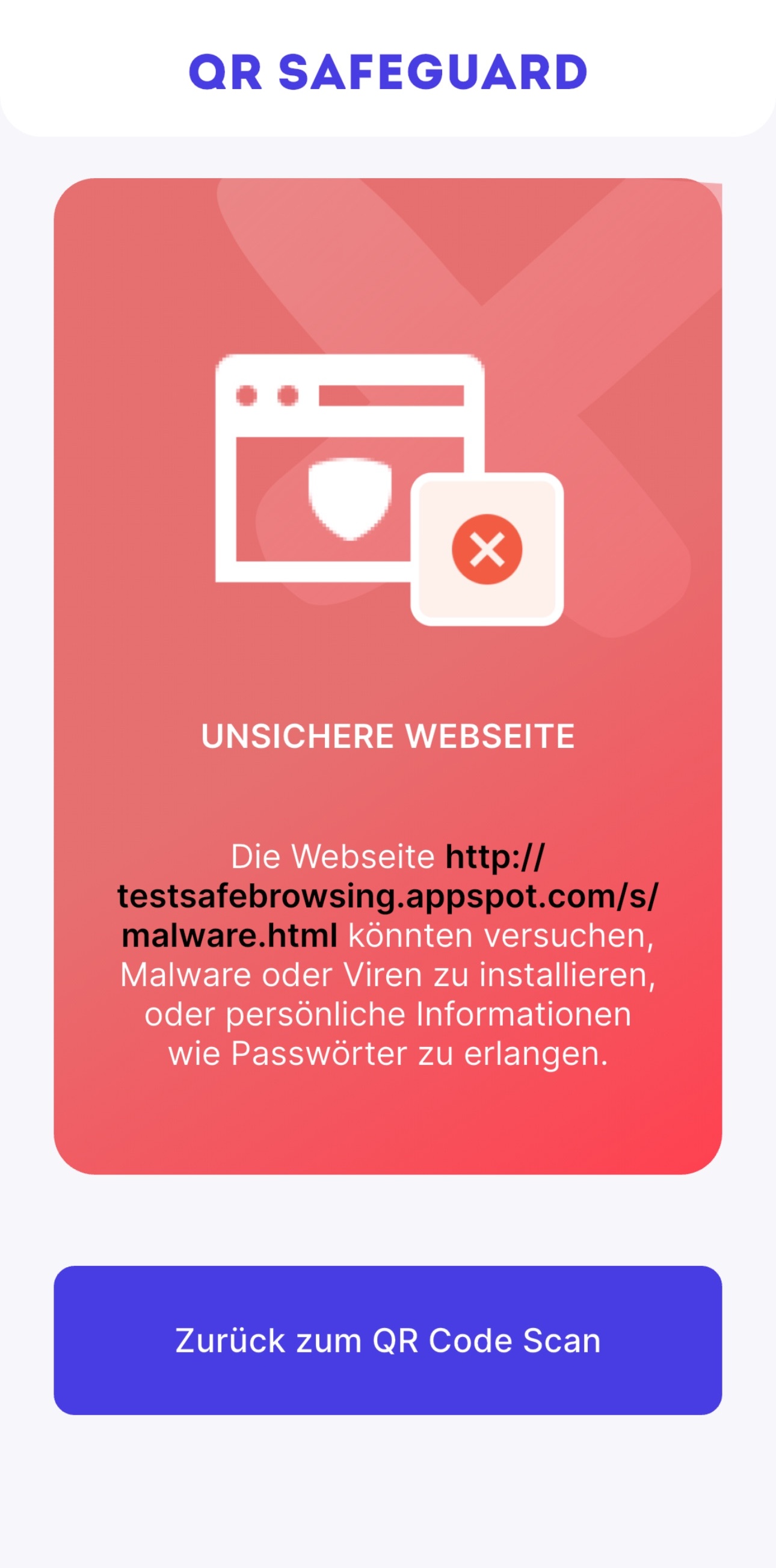 Der Warnbildschirm von QR SafeGuard, der den Benutzer darüber informiert, dass der gescannte QR-Code auf eine bösartige Website verweist.