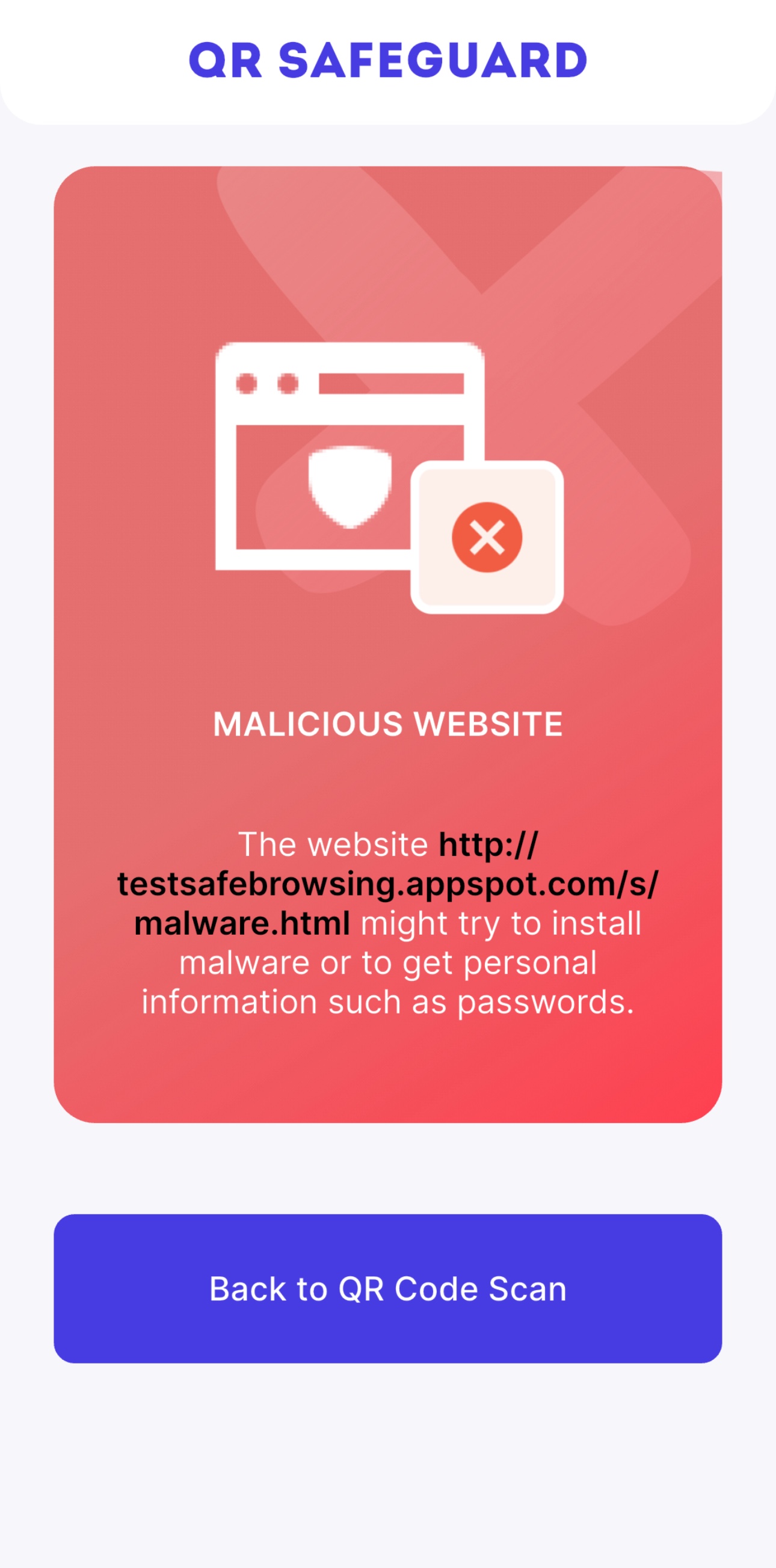 The QR SafeGuard warning screen letting the user know that the scanned QR code points to a malicious website